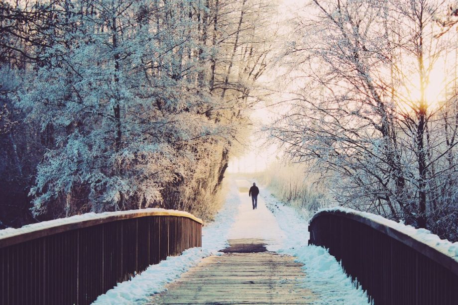 une personne marchant sur un chemin enneigé avec une passerelle - Image par Kati de https://pixabay.com/fr/photos/homme-pont-solitaire-se-promener-1156619/