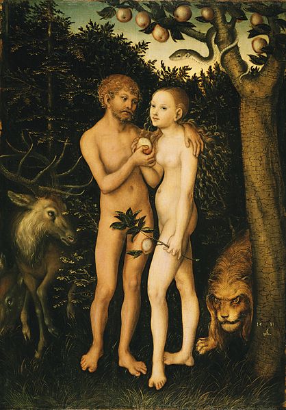 Peinture de Cranach représentant Adam et Eve croquant une pomme