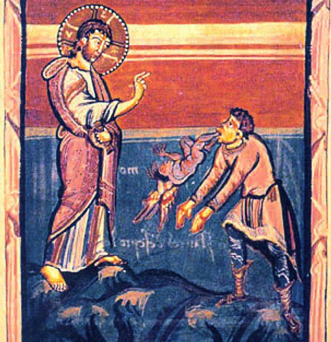 Illustration du XVIIe - wikicommons : Jesus heilt den Besessenen von Gerasa. Mittelalterliche Buchillustration. Hidta-Codex, Hs. 1640, fol 76r.