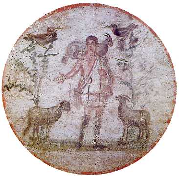 image chrétienne des premiers siècles : Christ en berger portant un bouc et séparant les brebis des boucs. Arbres avec colombes