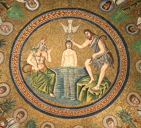 baptême de Jésus par Jean-Baptiste, entouré par les apôtres (Ravenne, débit VIe siècle)