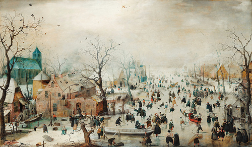 foule dans un paysage d'hiver et église dominante - Image: 'Winter Landscape with Ice Skaters (1608) oil paint on panel by Hendrick Avercamp (1585-1634)' http://www.flickr.com/photos/153584064@N07/45642521864 Found on flickrcc.net
