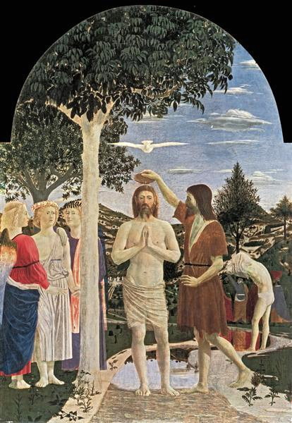 Illustration : baptême du Christ selon Piero della Francesca (1400). National Gallery, London, UK