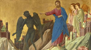 Les tentations de Jésus, extrait de Duccio di Buoninsegna (1255–1319), Museo dell'Opera del Duomo, Siena, https://commons.wikimedia.org/wiki/File:Duccio_-_The_Temptation_on_the_Mount.jpg