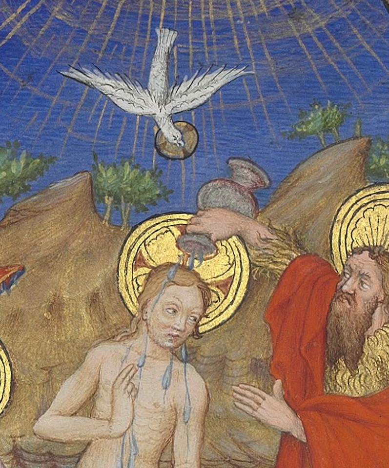 colombe de l'Esprit - détail de Maître de Marguerite d'Orléans. Baptême du Christ. Vers 1430. BNF, Paris