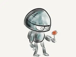 Illustration : un mignon petit robot offre une fleur ou reçoit une fleur avec inquiétude ? Image parbamenny de Pixabay