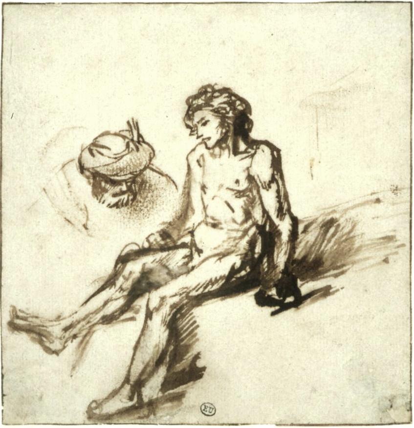 étude de Rembrandt illustrant le bon samaritain se penchant sur l'homme blessé, Rotterdam, Museum Bojmans-van Beuningen)