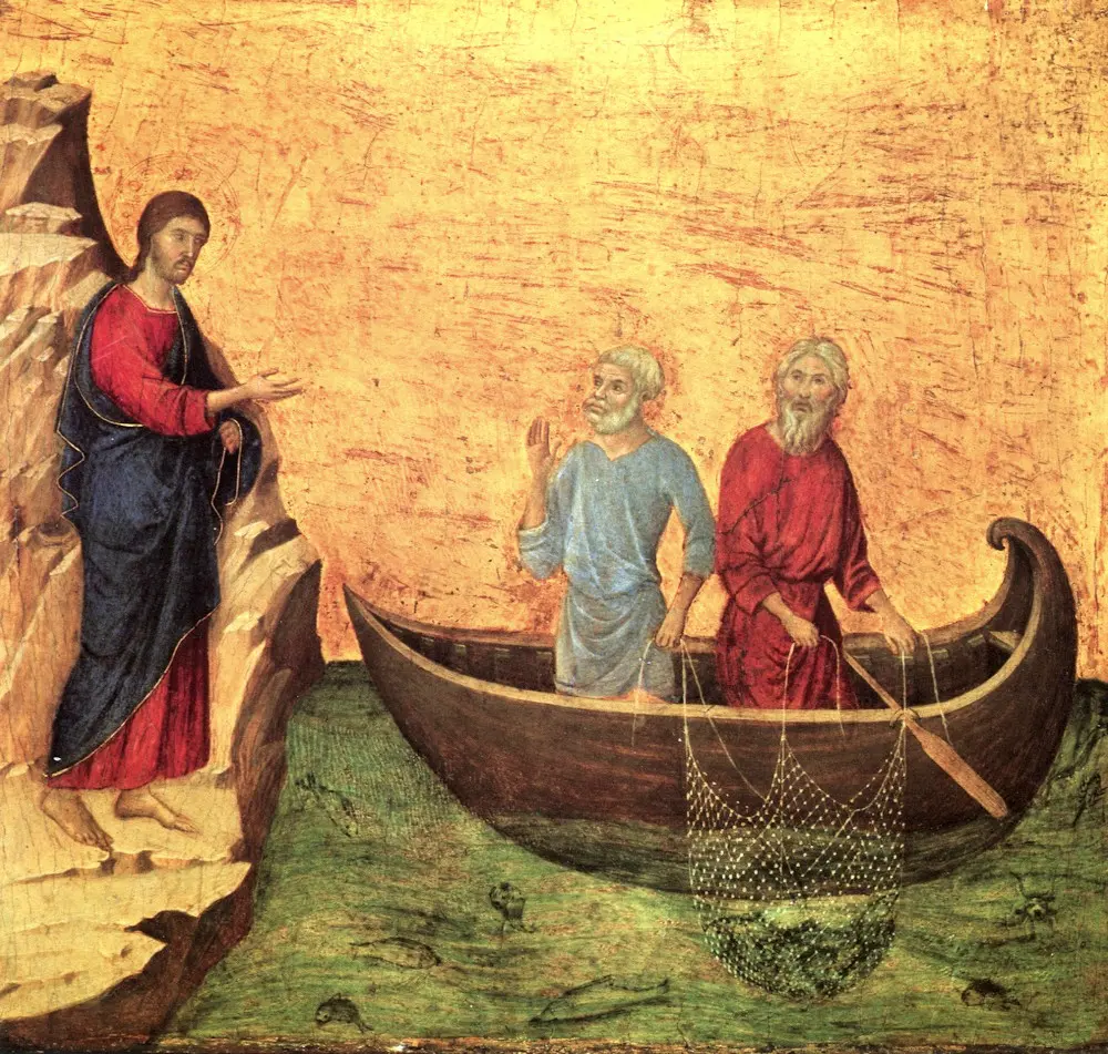 Jésus appelle Pierre et André, peinture de Duccio, Sienne XIIIe siècle