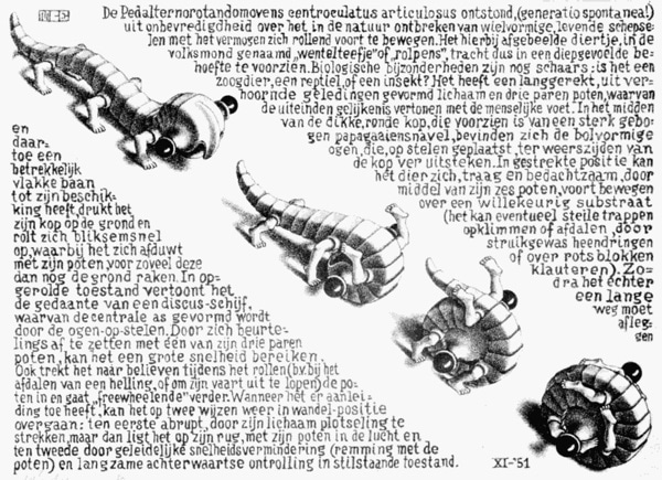 Dessin de Escher représentant un animal imaginaire entre un lézard et un scolopendre qui marche et s'enroule sur lui même sur un fond de texte.