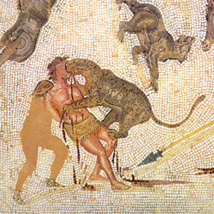 mosaïque du IIIe siècle représentant un homme mordu par un fauve - mosaïque du musée de Sousse