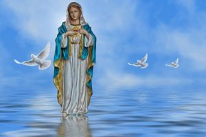 dessin d'apparition de la Vierge Marie sur une surface d'eau avec des colombes - Image par Susan Cipriano de Pixabay 