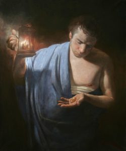 Homme dans la nuit, regardant deux pièces de monaie dans sa main, à la lueur d'une lanterne - Parable of the talents. 2013. Artist A.N. Mironov - wikicommons