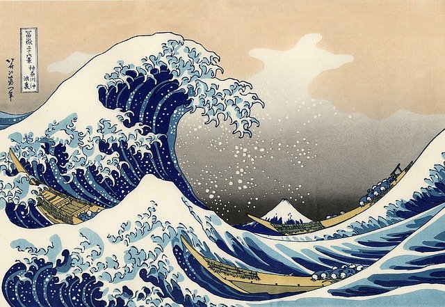 dessin japonais montrant une vague dominant une montagne - Image par WikiImages de Pixabay