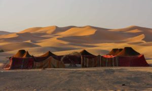 Village de tentes magnifiquement installé dans le désert de sable, au coucher du soleil - Photo de Maciej Cisowski sur https://unsplash.com/fr/photos/un-groupe-de-tentes-installees-dans-le-desert-bfBApvKdkS4
