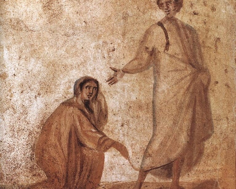 Fresque dans une catacombe de Rome représentant la femme ayant une hémoragie touchant le bord du manteau de Jésus