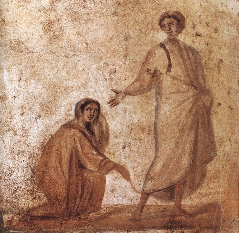 Fresque dans une catacombe de Rome représentant la femme ayant une hémoragie touchant le bord du manteau de Jésus