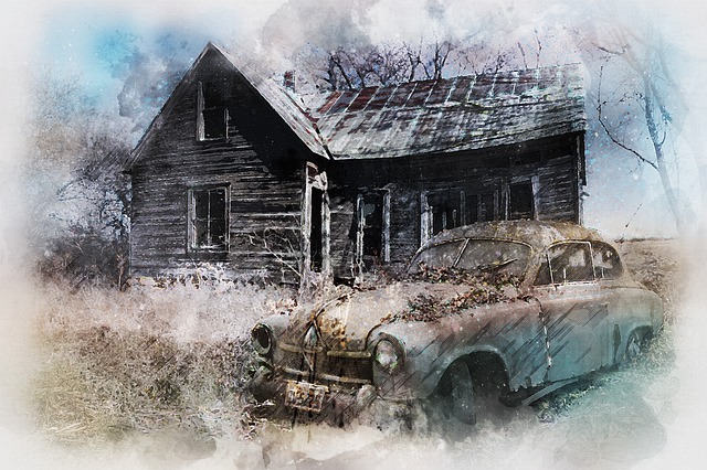 photo brouillée d'une ruine de maison et d'une carcasse de vieille voiture - Image par ArtTower de Pixabay