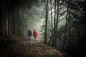 un couple marche sur un chemin dans une forêt profonde et brumeuse - Photo by Sebastian Pichler on Unsplash