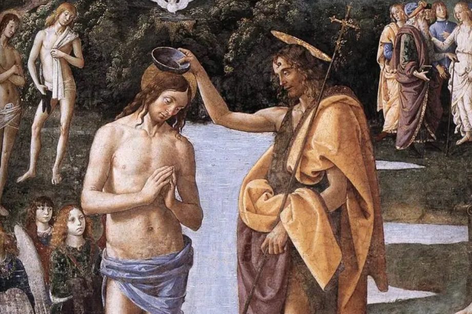 Fresque représentant le baptême de Jésus par Jean - Pietro Perugino