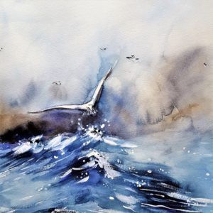 aquarelle représentant une mouette au dessus d'une vague - Image par Martina Bulková de Pixabay 