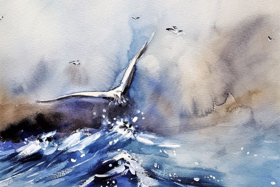 aquarelle représentant une mouette au dessus d'une vague - Image par Martina Bulková de https://pixabay.com/fr/illustrations/oiseau-mer-la-peinture-art-oc%C3%A9an-3342446/
