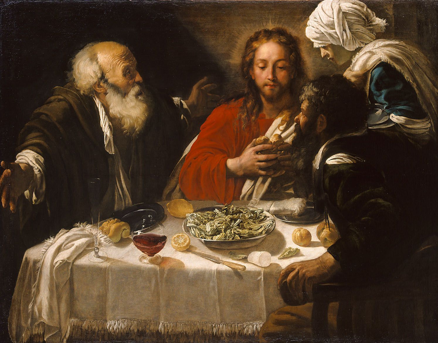 Peinture de 1614 d'après Caravage représentant Jésus à table à Emmaüs - Wikicommons
