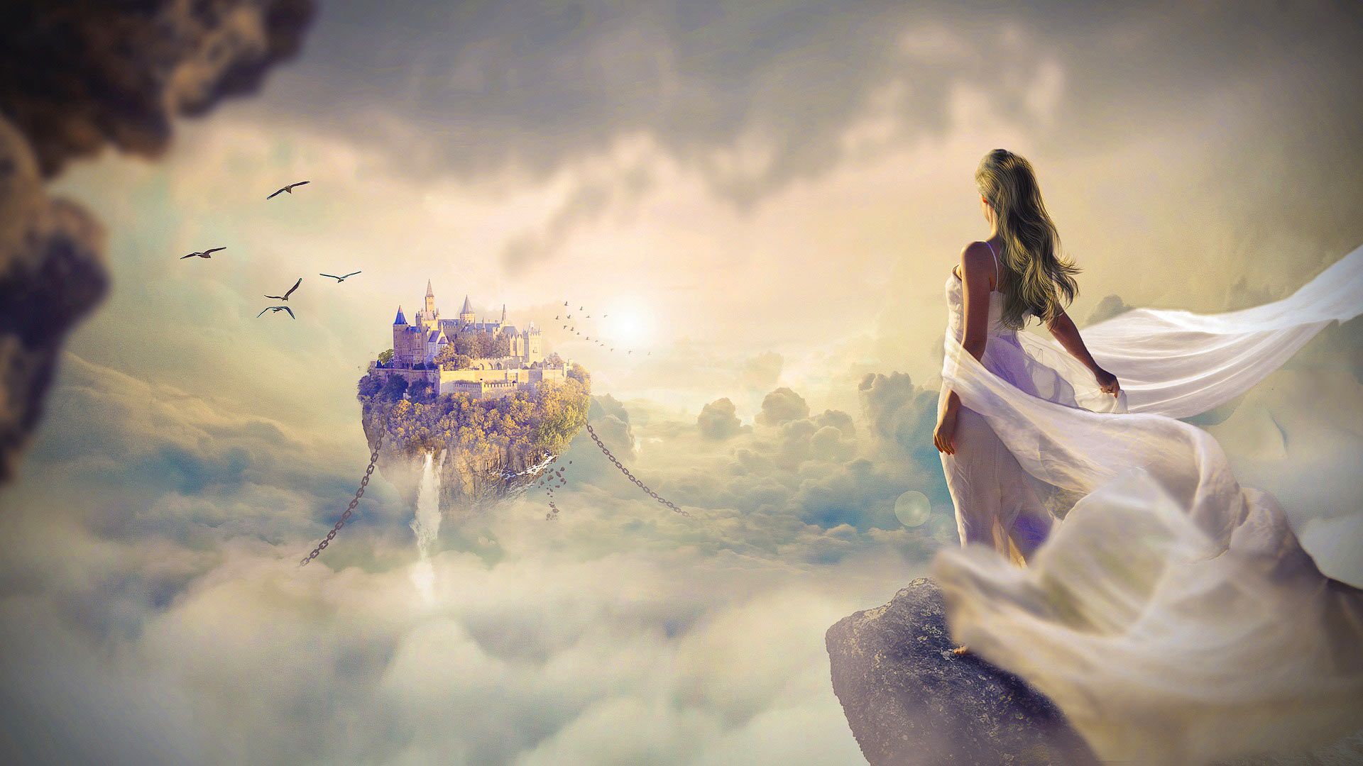 compostion fantastique : une jeune femme regarde au loin un château flottant dans le ciel - Image par peter_pyw de Pixabay