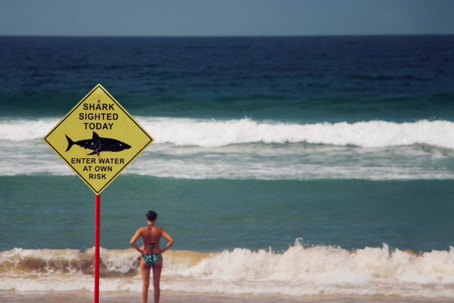 Une femme en maillot de bain sur la plage, regarde la mer, un panneau signele la présence de requins - Photo by Lubo Minar on Unsplash