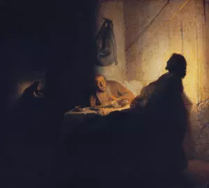 extrait du tableau de Rembrandt sur les Pélerons d'Emmanus - Musée du Louvre