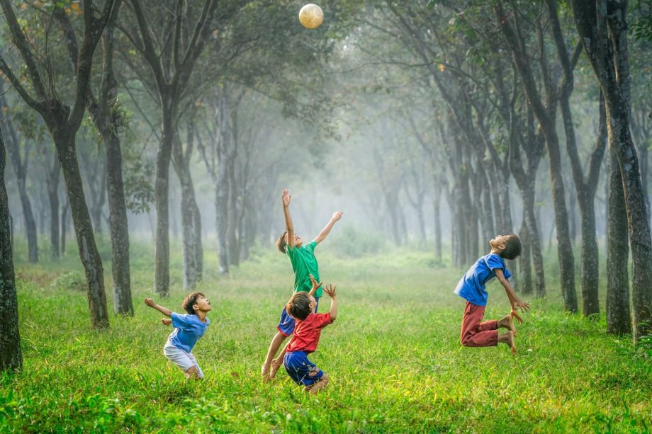 enfants jouant au ballon dans une prairie bordée d