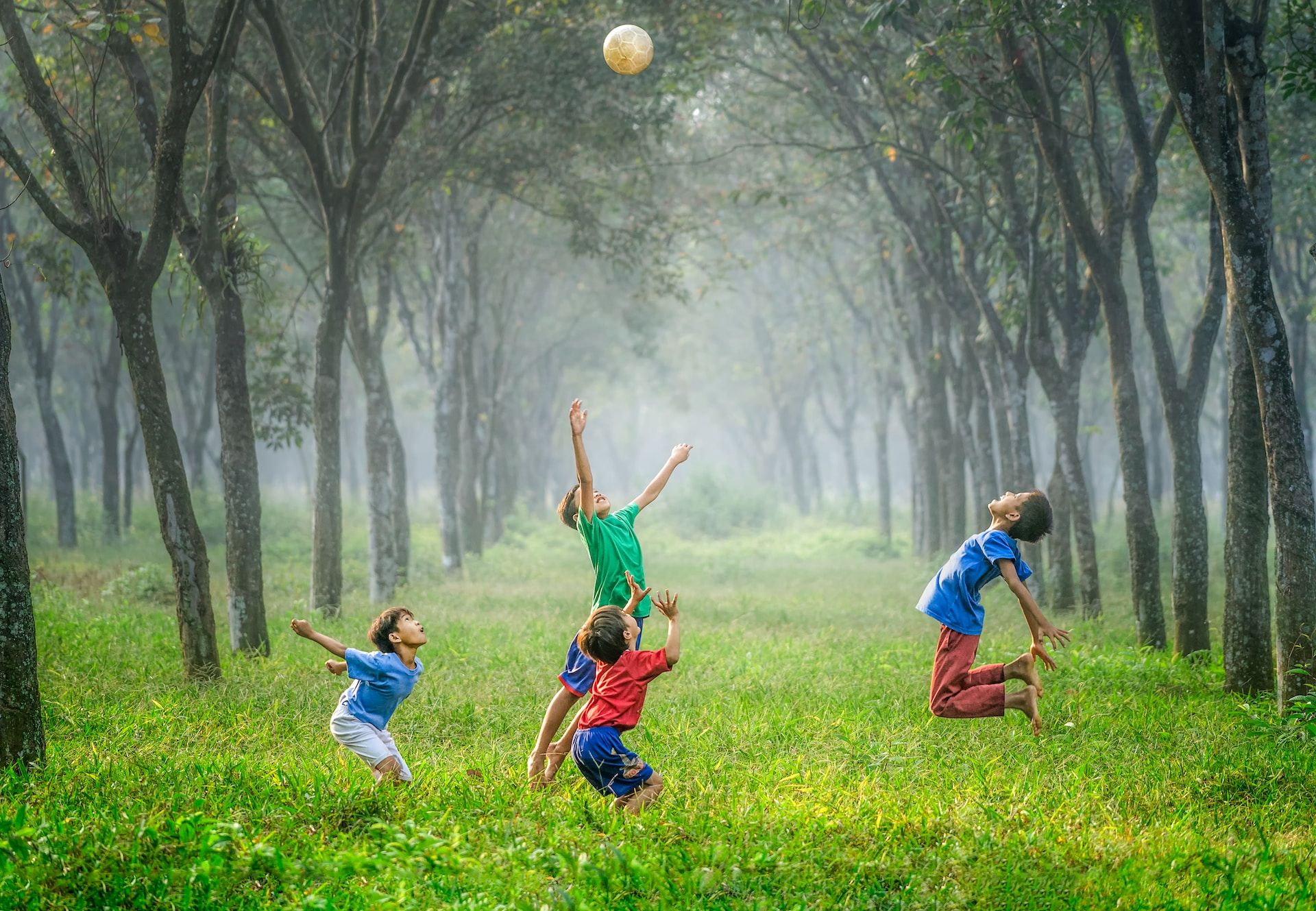 enfants jouant au ballon dans une prairie bordée d'arbres - Photo by Robert Collins on https://unsplash.com/fr/photos/tvc5imO5pXk