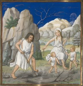 Adam en laboureur et Eve file la quenouille avec Caïn et Abel - Maître de Jacques IV d'Ecosse (1500) Bibliothèque du château de CHANTILLY