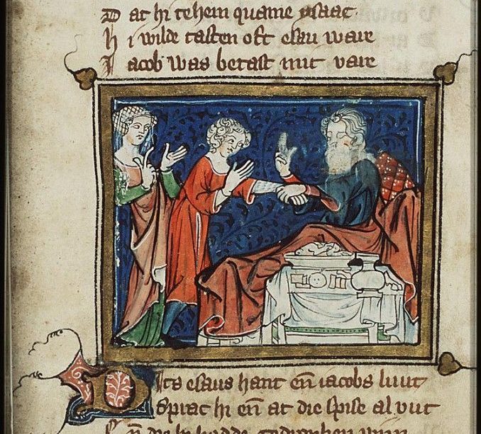 Jacob obtient la bénédiction de son père en présence de Rebecca; MICHIEL ; 1332 enluminure sur vélin; manuscrit "Den Haag, MMW, 10 B 21" ; Bibliothèque royale , La Haye