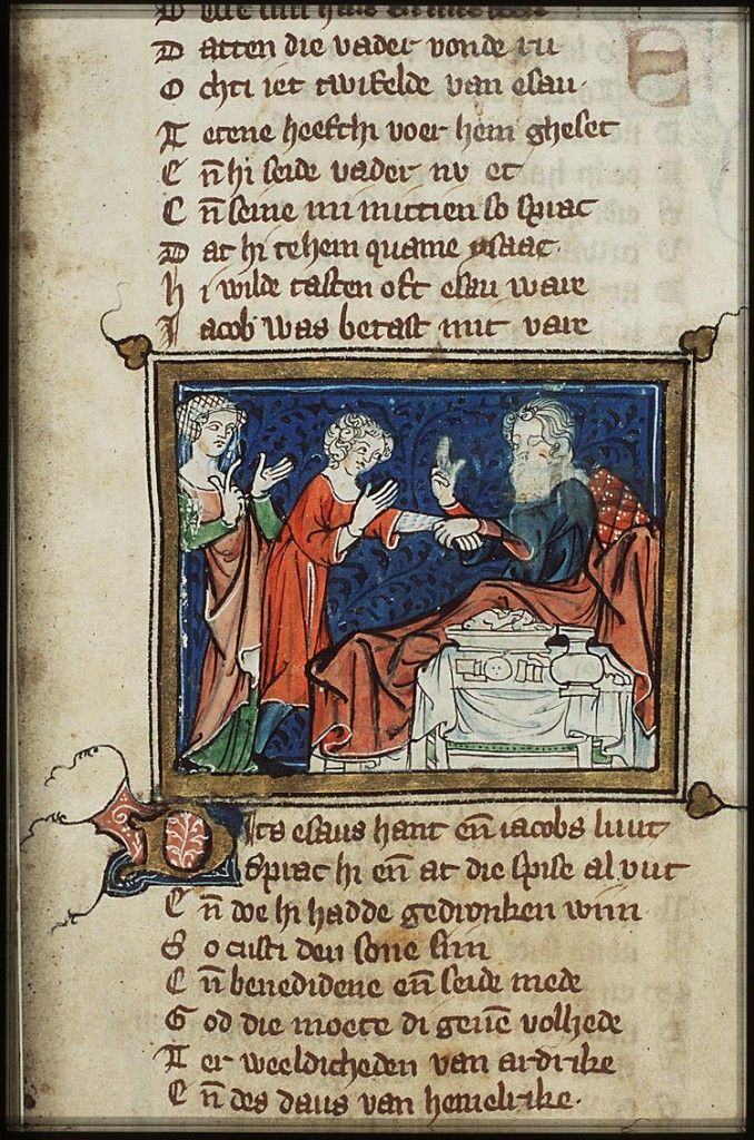Jacob obtient la bénédiction de son père en présence de Rebecca; MICHIEL ; 1332 enluminure sur vélin; manuscrit 