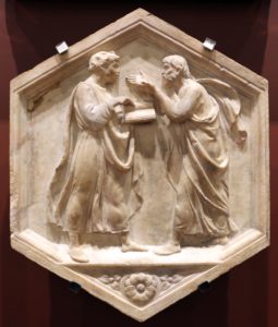deux philosophes discutant, bas relief de Lucca della Robbia - Plato and Aristotle dialectics by Luca della Robbia-Museo dell'Opera del Duomo-Florence (wikicommons)