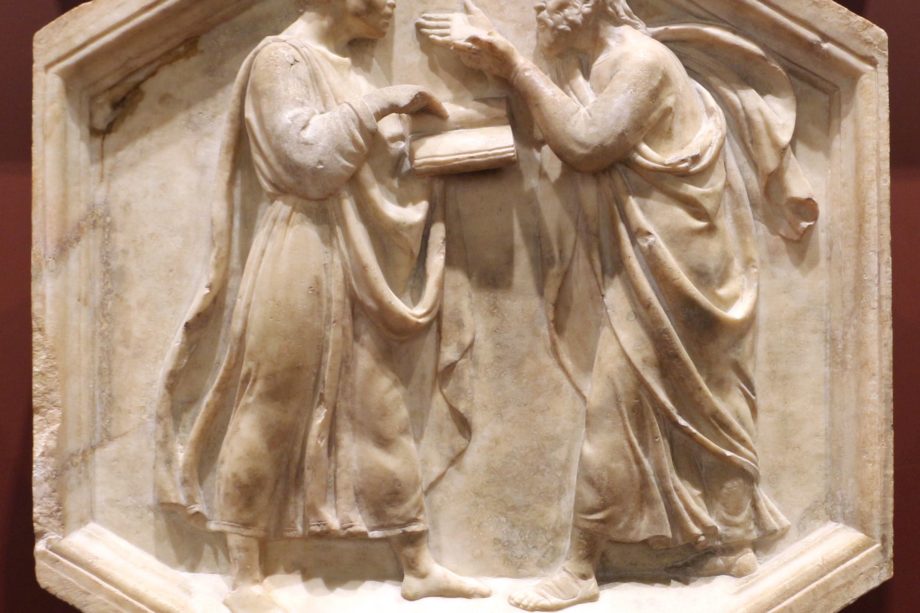 deux philosophes discutant, bas relief de Lucca della Robbia - Plato and Aristotle dialectics by Luca della Robbia-Museo dell
