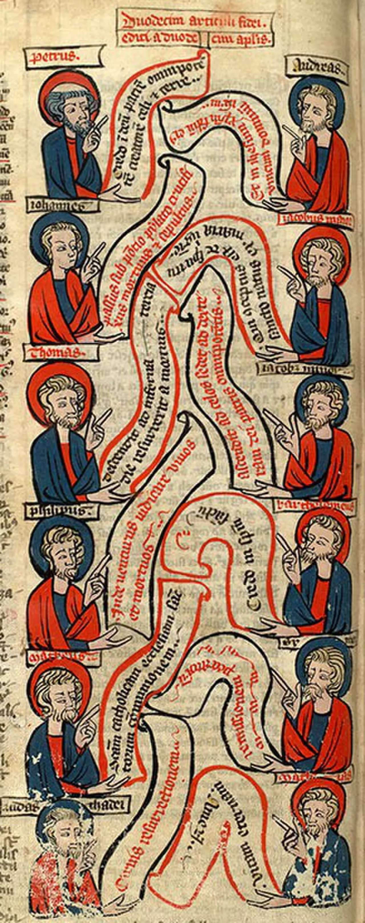 Les 12 apôtres contribuant chacun à composer le « Symbole des apôtres ». Manuscrit de 1321, Bibliothèque Mazarine, ms. 0924
