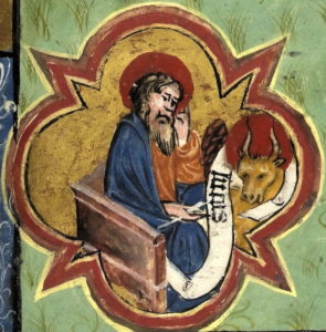 Manuscrit enluminé l'évangéliste Luc avec le taureau. Caen, Musée des Beaux-Arts, Coll. Mancel ms. 0237 (XVe siècle)