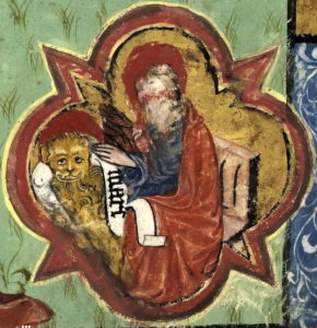 Manuscrit enluminé l'évangéliste Marc avec le lion. Caen, Musée des Beaux-Arts, Coll. Mancel ms. 0237 (XVe siècle)