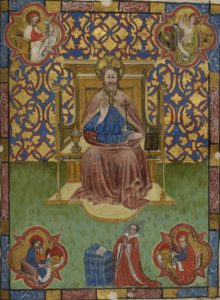 Manuscrit enluminé représentant le Christ en majesté et les évangélistes en médaillon. Caen, Musée des Beaux-Arts, Coll. Mancel ms. 0237 (XVe siècle)