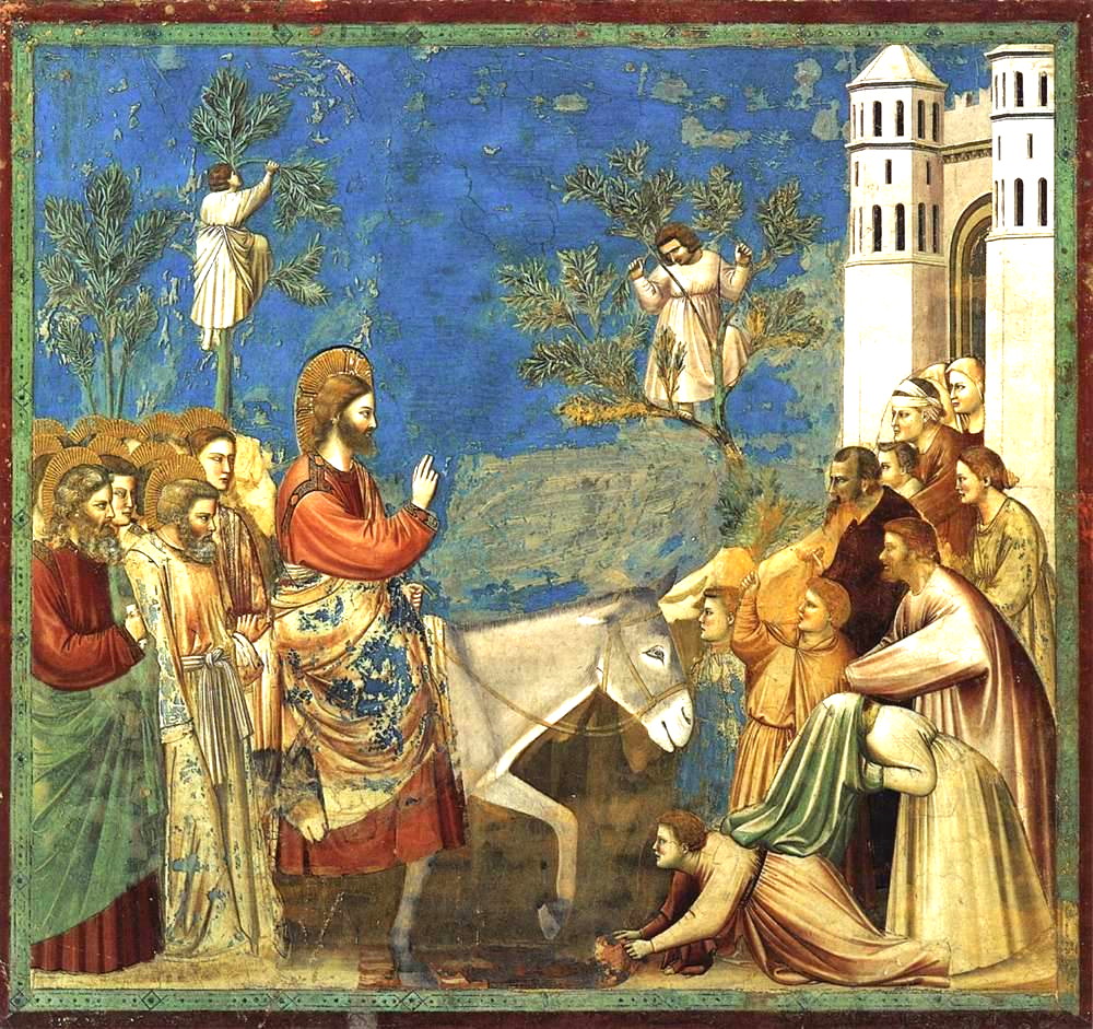 Giotto, chapelle des Scrovegni, Jésus entre à Jérusalem sur un âne.