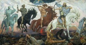 peinture représentant les 4 cavalliers de l'apocalypse - Viktor Vasnetsov, Les quatre cavaliers de l’Apocalypse et l’agneau, 1887 (Glinka National Museum)