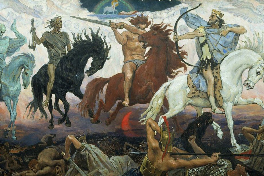 peinture représentant les 4 cavalliers de l'apocalypse - Viktor Vasnetsov, Les quatre cavaliers de l’Apocalypse et l’agneau, 1887 (Glinka National Museum)