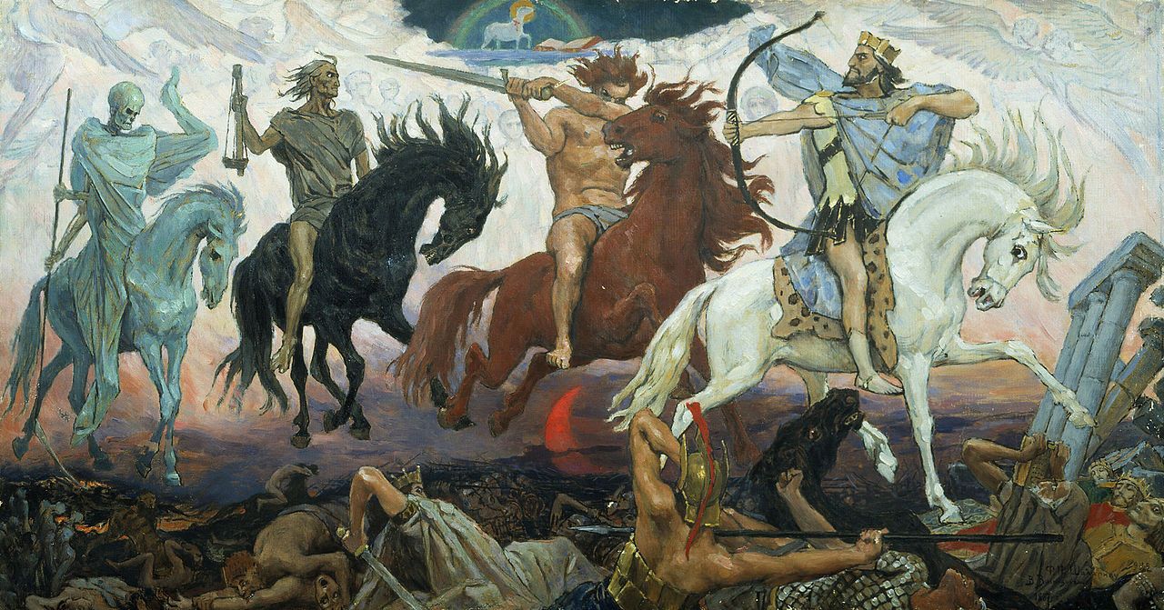 peinture représentant les 4 cavalliers de l'apocalypse - Viktor Vasnetsov, Les quatre cavaliers de l’Apocalypse et l’agneau, 1887 (Glinka National Museum)