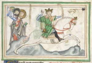 miniature représentant le cavalier sur un cheval blanc, avec une figure aussi de l'évangéliste Matthieu (avec un ange) - Manuscrit du XIIIe, MS 35166, British Museum
