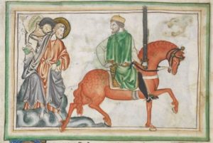 miniature représentant le cavalier sur un cheval rouge, avec une figure aussi de l'évangéliste Marc (avec un lion) - Manuscrit du XIIIe, MS 35166, British Museum