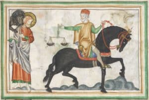 miniature représentant le cavalier sur un cheval verdâtre, avec une figure aussi de l'évangéliste Jean (avec un aigle) - Manuscrit du XIIIe, MS 35166, British Museum