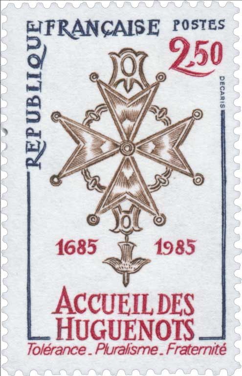 Timbre français commémorant l'accueil des huguenots, en particulier en Suisse.