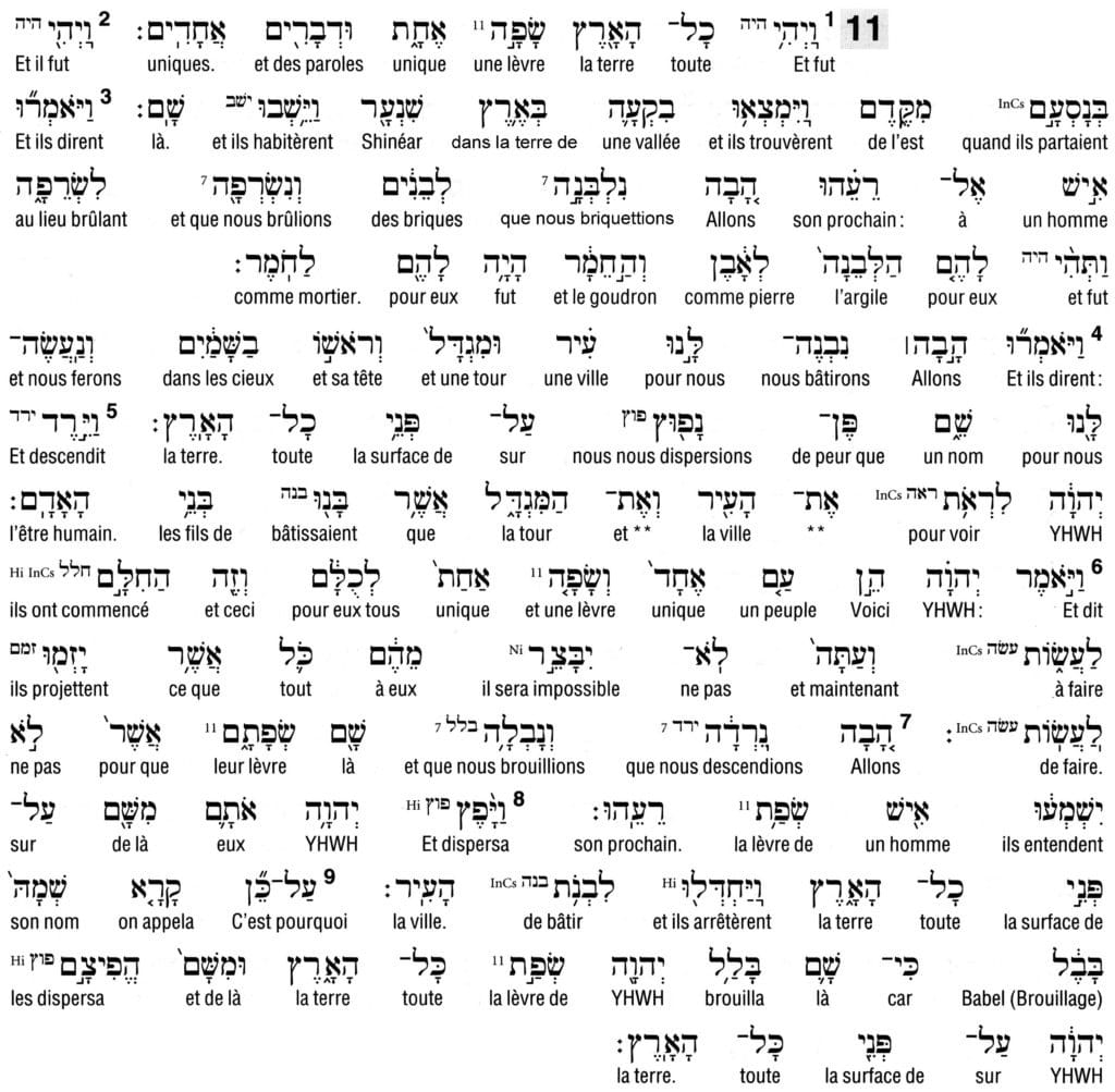 Interlinéaire hébreu français du texte de Genèse 11:1-9