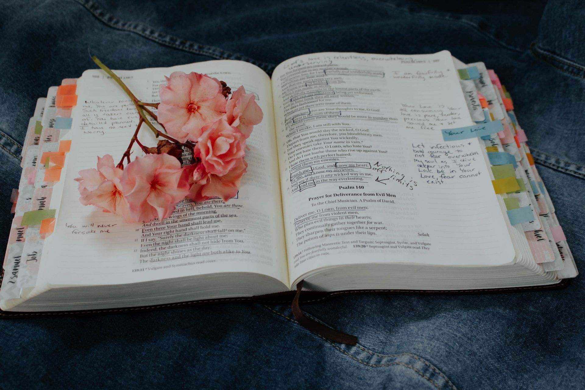 Une bible ouverte, annotée avec une fleur posée dessus - Photo de Rachel Coyne sur https://unsplash.com/fr/photos/tImZgkTcCbQ